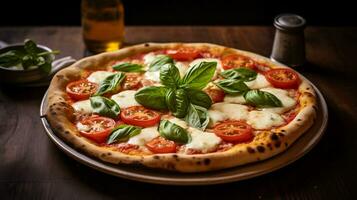 photo de margherita Pizza comme une plat dans une haut de gamme restaurant. génératif ai