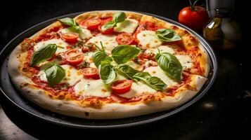 photo de margherita Pizza comme une plat dans une haut de gamme restaurant. génératif ai