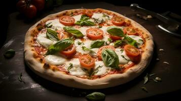photo de margherita Pizza comme une plat dans une haut de gamme restaurant. génératif ai