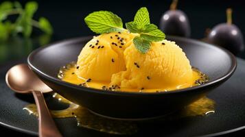 photo de passion fruit sorbet comme une plat dans une haut de gamme restaurant. génératif ai