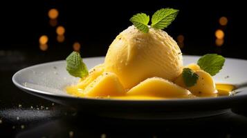 photo de passion fruit sorbet comme une plat dans une haut de gamme restaurant. génératif ai