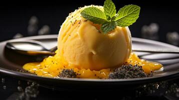 photo de passion fruit sorbet comme une plat dans une haut de gamme restaurant. génératif ai