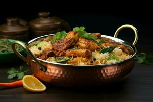 gastronomique éclat vibrant dum poulet biriyani, une Kerala thalasserie spécialité, présenté en haut proche ai généré photo