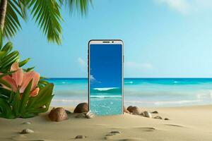 produit présentation sur une 3d téléphone maquette avec une tropical plage réglage ai généré photo