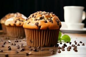 l'eau à la bouche Chocolat puce muffin, une délectable traiter pour votre goût bourgeons ai généré photo