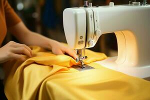 habile femelle mains travail sur une moderne couture machine, piqûre Jaune en tissu ai généré photo