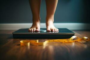 santé concentré scène les femmes pieds sur Balance, ruban mesure premier plan poids perte concept ai généré photo