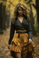 Jeune femme en marchant dans le l'automne parc, établi avec génératif ai photo