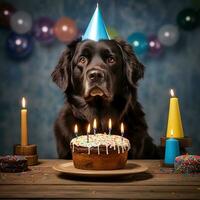 chien célébrer anniversaire avec gâteau et bougies, établi avec génératif ai photo