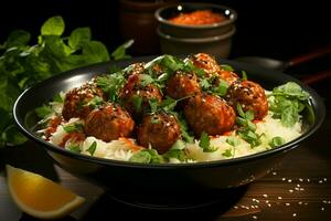 bol de succulent épicé Boulettes de viande dans une riches et savoureux tomate sauce ai généré photo