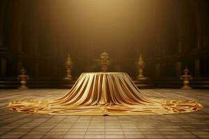 opulent réglage 3d scène avec un vide podium avec d'or tissu, exsudant élégance. ai généré photo