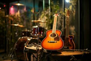 une enregistrement studio pièce fredonne avec musicalité comme un acoustique guitare résonne. ai généré photo