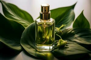 sérum fiole prêt au milieu de luxuriant feuilles, encapsulant la nature soin de la peau essence ai généré photo