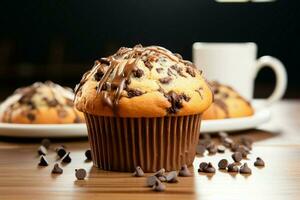 l'eau à la bouche Chocolat puce muffin, une délectable traiter pour votre goût bourgeons ai généré photo