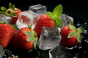 Frais des fraises et la glace cubes contraste magnifiquement avec une foncé Contexte ai généré photo