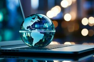 une verre globe sur une portable symbolise une global affaires la perspective ai généré photo