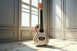 une numérique chef-d'oeuvre s'entrelace guitare, intérieur, et géométrique architecture par le rendu. ai généré photo