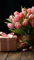 une délicieux combinaison tulipe fleurs et cadeau boîte sur rustique dessus de la table verticale mobile fond d'écran ai généré photo