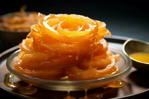 sucré indulgence imarati Jalebi, une frit Indien dessert, capturé avec sélectif concentrer ai généré photo