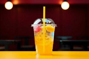 rafraîchissant limonade cocktail brille dans une Plastique tasse contre vibrant couleurs ai généré photo
