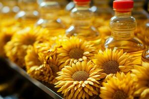 de tournesol des graines à raffiné huile, une précis usine production ligne ai généré photo