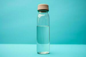 Extérieur des sports essentiel une l'eau bouteille sur une vibrant bleu toile de fond ai généré photo