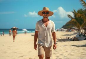 ai génératif retour vue Jeune touristique homme dans été robe et chapeau permanent sur magnifique sablonneux plage. profiter. photo