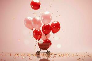 rouge hélium des ballons et confettis célébrer une spécial bébé journée sur pastel ai généré photo