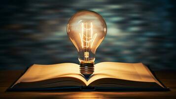 livre donne idées. lumière ampoule sur un ouvert livre symbolise inspiration. idéal pour Créatif concepts photo