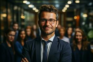 ai génératif groupe de content affaires homme et affaires femmes, habillé dans costume sont souriant, dans le Bureau photo