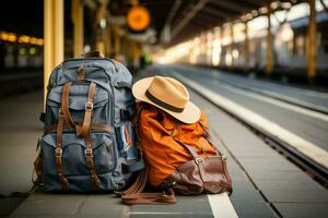 prêt pour aventure à le train station avec sac à dos, chapeau, carte, et technologie équipement ai généré photo