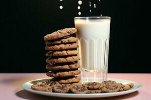 profiter le douceur de Chocolat biscuits aux côtés de une glacé verre de Lait ai généré photo