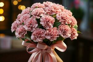 bouquet de affection femme berceaux œillet bouquet, symbolisant une de la mère journée présent ai généré photo