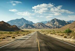 ai génératif photo route clair ciel désert montagnes paysage réaliste image, ultra HD, haute conception très détaillé