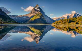 miroir de majesté, capturer le sublime réflexion de une spectaculaire Montagne intervalle dans le serein embrasse de une calme lac. ai généré photo