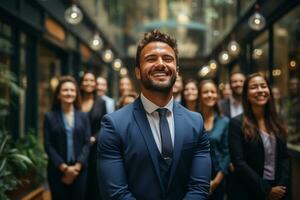 ai génératif groupe de content affaires homme et affaires femmes, habillé dans costume sont souriant, dans le Bureau photo