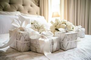 mariage cadeaux et fleurs dans un élégant blanc chambre à coucher, génératif ai photo