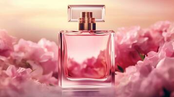 luxueux floral flairer, fragrance bouteille et rose fleurs, parfum commercial dans fleur jardin, sur mesure parfumerie et beauté produit vente, génératif ai photo