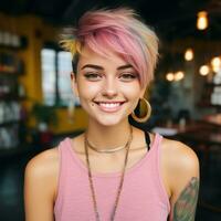 sur de soi Jeune femme avec branché la Coupe de cheveux photo