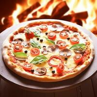 Pizza capricciosa fait maison avec Feu dans le four, en ligne livraison de pizzeria, prendre une façon et italien vite nourriture, génératif ai photo