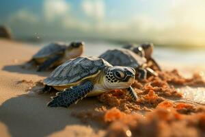 bord de mer la magie bébé tortues éclore, début leur remarquable la vie périple par le océan. ai généré photo