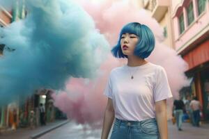 asiatique femme bleu cheveux avec rose fumée. produire ai photo