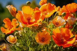 Orange Californie coquelicot et sauterelle vibrant fleurs sauvages se rencontre animé insecte dans californiens Orange comté photo