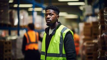 entrepôt ouvrier souriant, portant une Jaune gilet et à distance contrôler le sien travail, bai généré photo