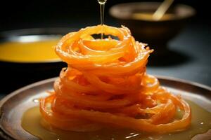 culinaire Trésor Jalebi, un imarati Indien doux, frit dans pur bon sang, sélectivement concentré ai généré photo