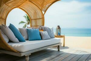 côtier confort zone luxe plate-forme avec plage vue et peluche oreillers des offres relaxation ai généré photo
