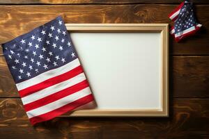 aérien vue tableau blanc encadré par américain drapeaux, création une patriotique visuel synergie ai généré photo