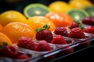 la boqueria marché dans Barcelone vitrines une coloré, proche en haut tableau de fraîchement tranché des fruits ai généré photo