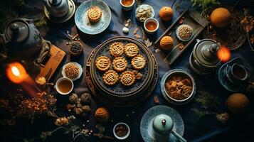 une table orné avec une variété de gâteaux de lune, thé, et traditionnel chinois lanternes, ai généré photo