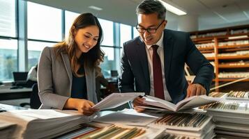 une Jeune asiatique Compte directeur, conseiller, et avocat engageant avec une Latin client partenaire. au milieu de piles de impôt et financier Contrat papiers, ai généré photo